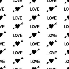 Seamless pattern with the black hearts, arrows and words Love.