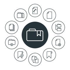 folder, bookmarks, files Infographic Circle outline Icons Set. Contains such Icons as  template,  data, change,  office,  graphic,  information,  copy, network and more. Fully Editable. Pixel Perfect