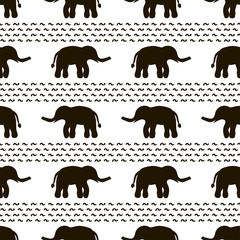 Seamless pattern with black elephants on the white background.