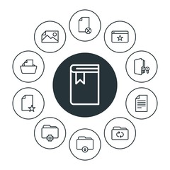 folder, bookmarks, files Infographic Circle outline Icons Set. Contains such Icons as  favorite,  literature,  office,  education,  management, favorite, file and more. Fully Editable. Pixel Perfect