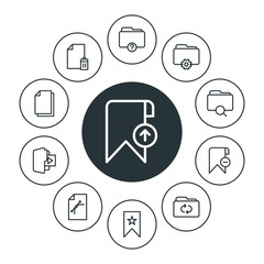 folder, bookmarks, files Infographic Circle outline Icons Set. Contains such Icons as  info,  storage, multimedia, search,  mark,  add,  template,  document,  and more. Fully Editable. Pixel Perfect