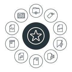 folder, bookmarks, files Infographic Circle outline Icons Set. Contains such Icons as file,  data,  open,  page, video,  star,  folder,  code,  add,  mark,  web and more. Fully Editable. Pixel Perfect