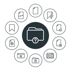 folder, bookmarks, files Infographic Circle outline Icons Set. Contains such Icons as  literature,  safety,  info,  template,  information, multimedia,  page and more. Fully Editable. Pixel Perfect