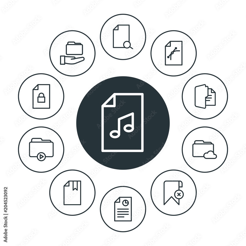 Poster folder, bookmarks, files infographic circle outline icons set. contains such icons as file, backgrou