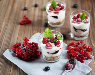 Healthy breakfast with yogurt and granola. Top view.
