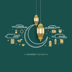 Fototapeta premium Ramadan Kareem Doodles Background with Lantern and icon ramadan