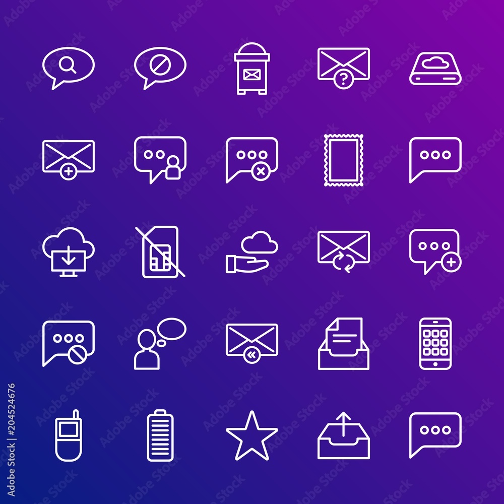 Poster modern simple set of cloud and networking, chat and messenger, mobile, email vector outline icons. c