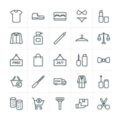 Fototapeta na wymiar Modern Simple Set of clothes, shopping, beauty and cosmetics Vector outline Icons. Contains such Icons as bikini, hygiene, female, coat and more on white background. Fully Editable. Pixel Perfect.