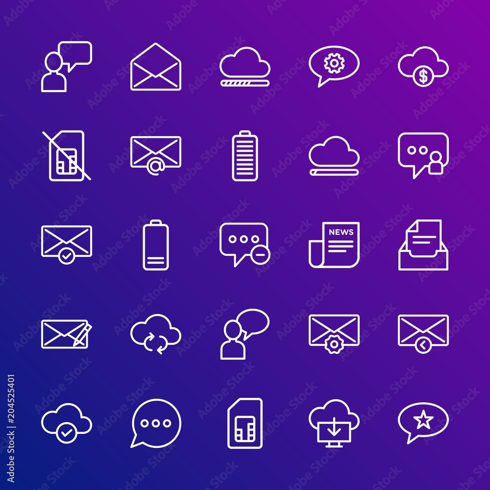 Poster modern simple set of cloud and networking, chat and messenger, mobile, email vector outline icons. c