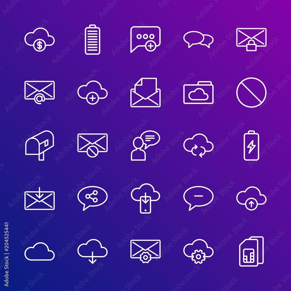 Poster modern simple set of cloud and networking, chat and messenger, mobile, email vector outline icons. c
