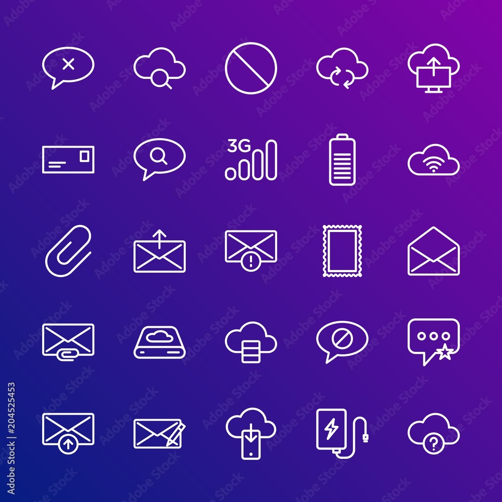 Poster modern simple set of cloud and networking, chat and messenger, mobile, email vector outline icons. c