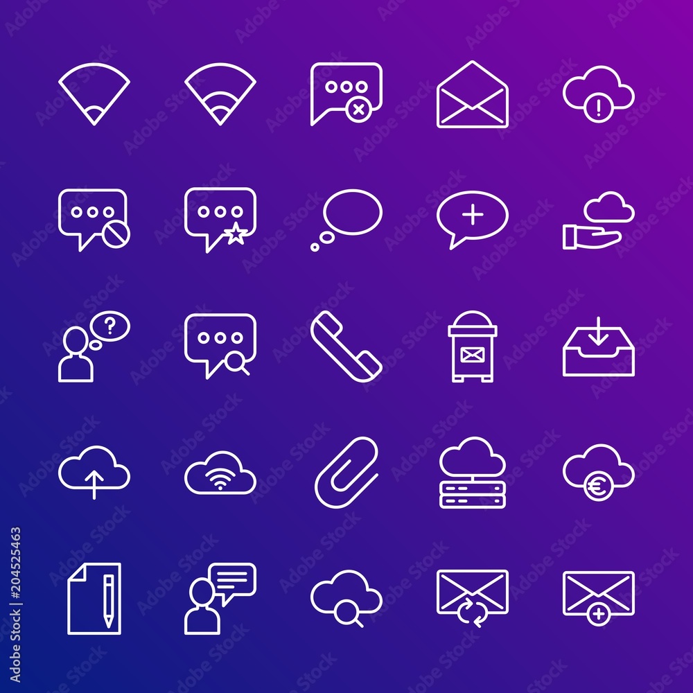 Poster modern simple set of cloud and networking, chat and messenger, mobile, email vector outline icons. c