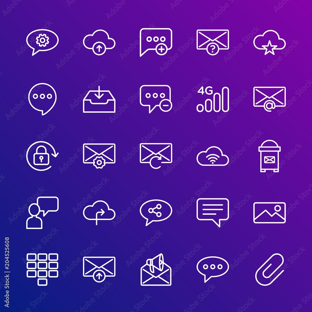 Poster modern simple set of cloud and networking, chat and messenger, mobile, email vector outline icons. c