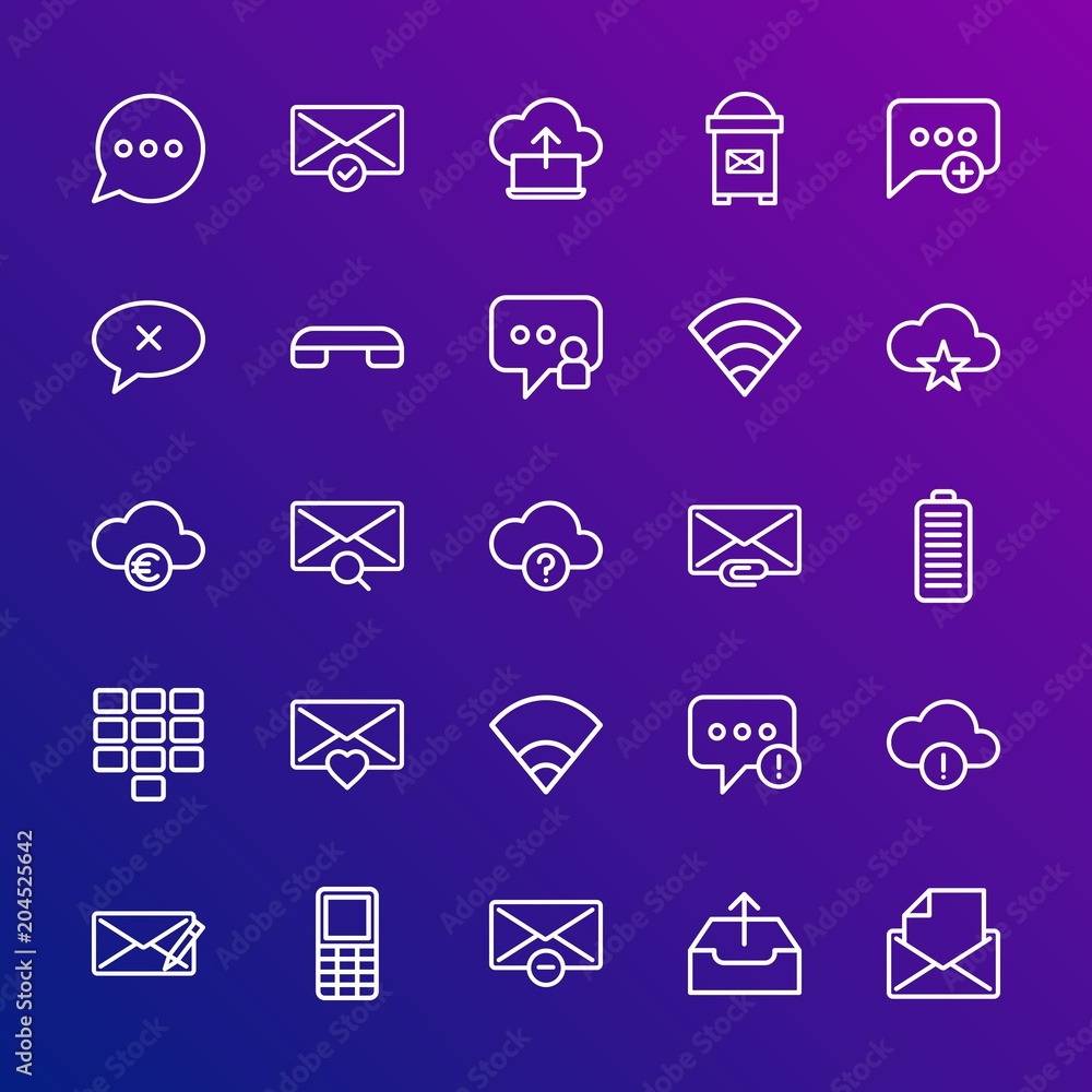 Poster modern simple set of cloud and networking, chat and messenger, mobile, email vector outline icons. c