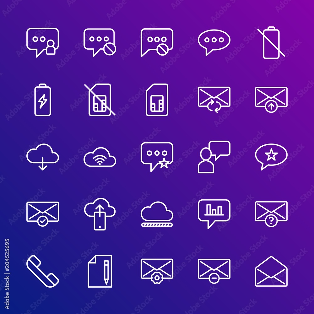 Poster modern simple set of cloud and networking, chat and messenger, mobile, email vector outline icons. c