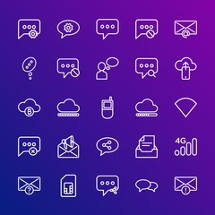 Modern Simple Set of cloud and networking, chat and messenger, mobile, email Vector outline Icons. Contains such Icons as  share, social and more on gradient background. Fully Editable. Pixel Perfect.