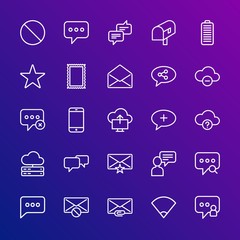 Modern Simple Set of cloud and networking, chat and messenger, mobile, email Vector outline Icons. Contains such Icons as  rating, open and more on gradient background. Fully Editable. Pixel Perfect.