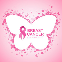 pink ribbon and Breast cancer awareness text in Butterfly banner and abstract butterfly frame and pink background vector illustration