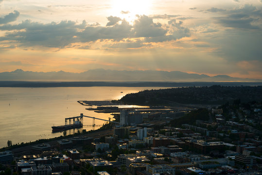 Puget Sound at sunset, Queen Anne and Magnolia districts in Seattle, Washington State, USA