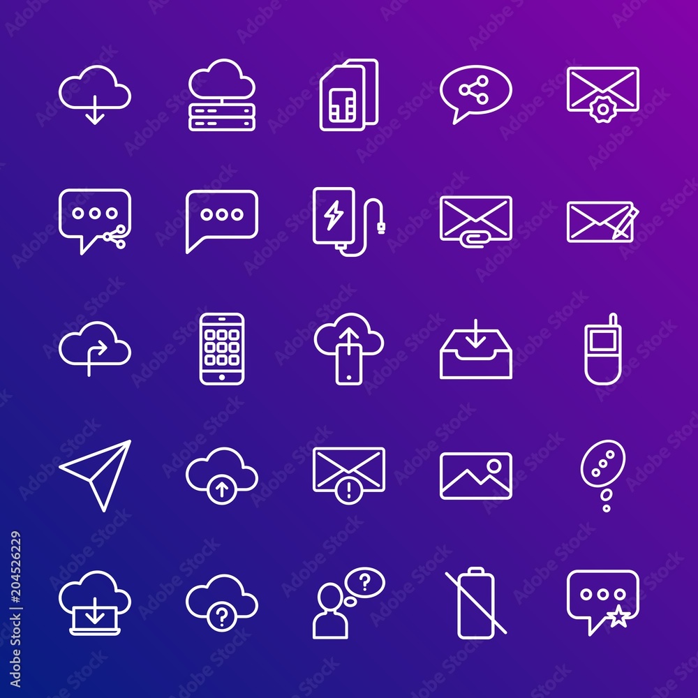 Poster modern simple set of cloud and networking, chat and messenger, mobile, email vector outline icons. c