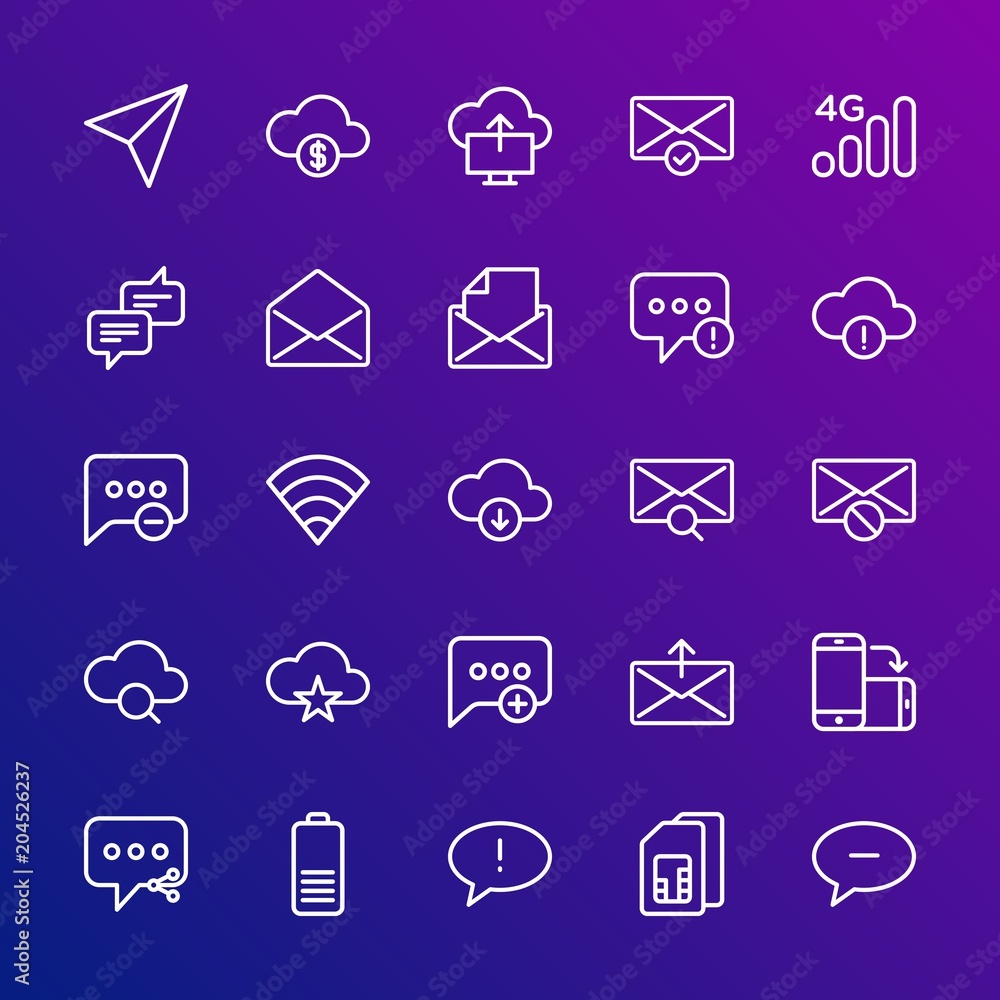 Poster modern simple set of cloud and networking, chat and messenger, mobile, email vector outline icons. c