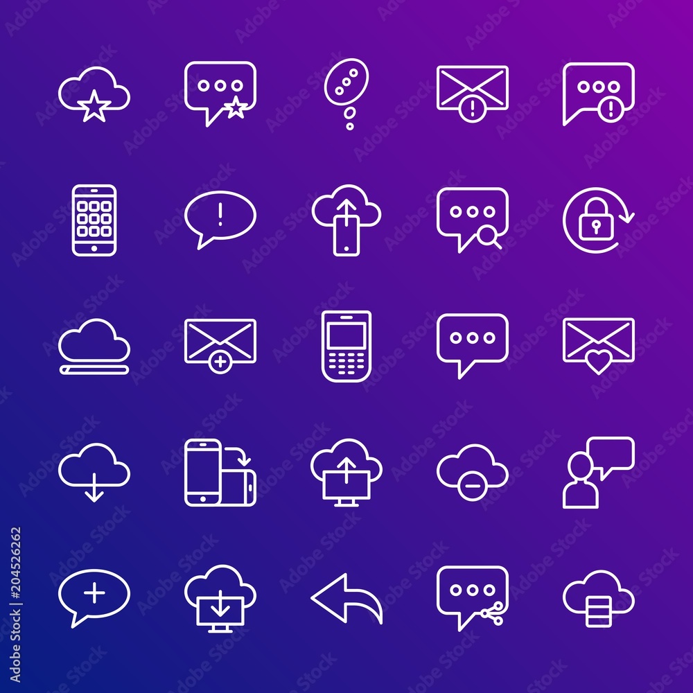 Poster modern simple set of cloud and networking, chat and messenger, mobile, email vector outline icons. c