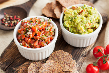 Mexican guacamole and salsa with gluten-free chips