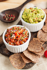 Mexican guacamole and salsa with gluten-free chips