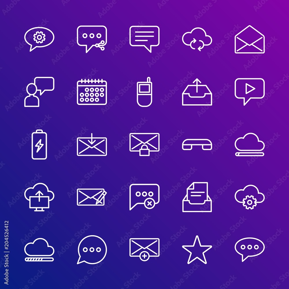 Poster modern simple set of cloud and networking, chat and messenger, mobile, email vector outline icons. c