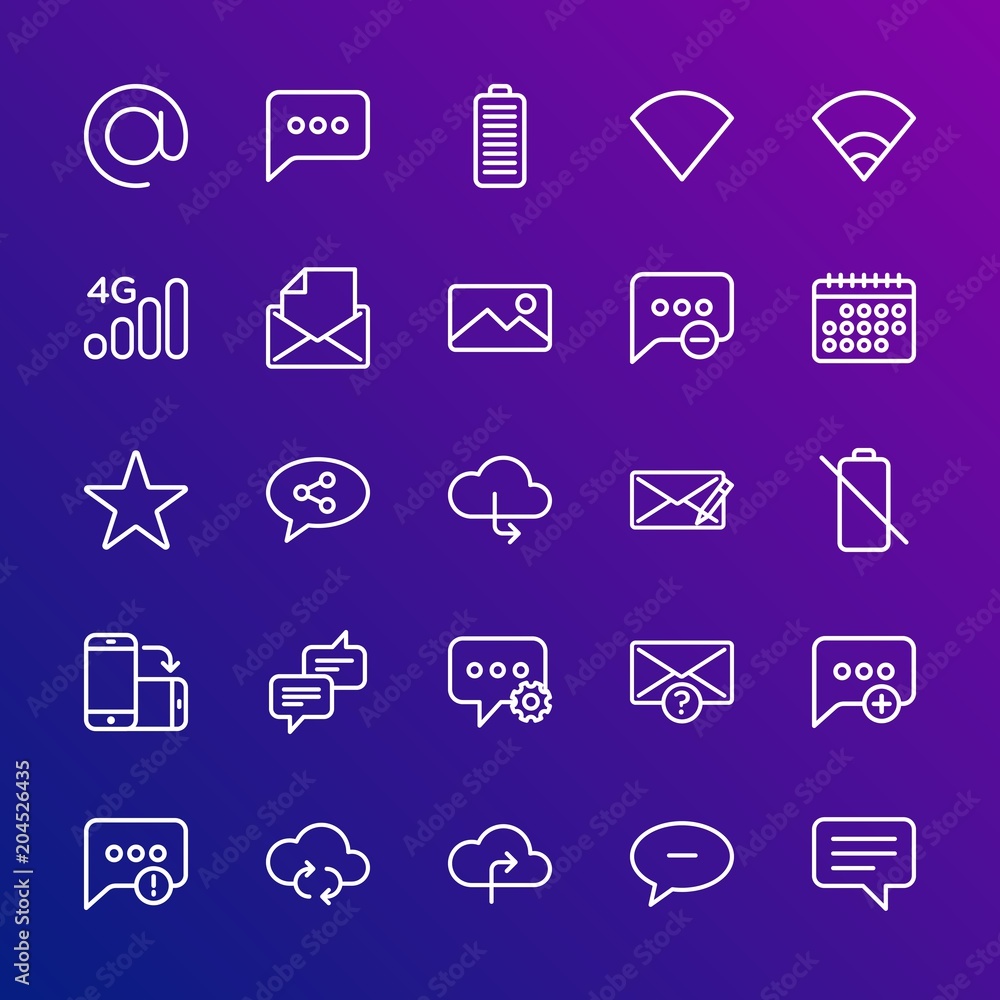 Poster modern simple set of cloud and networking, chat and messenger, mobile, email vector outline icons. c