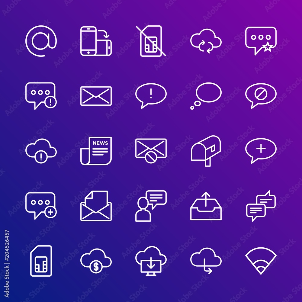 Poster modern simple set of cloud and networking, chat and messenger, mobile, email vector outline icons. c