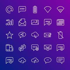 Modern Simple Set of cloud and networking, chat and messenger, mobile, email Vector outline Icons. Contains such Icons as message,  wifi and more on gradient background. Fully Editable. Pixel Perfect.