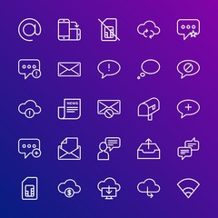 Modern Simple Set of cloud and networking, chat and messenger, mobile, email Vector outline Icons. Contains such Icons as  post,  sync and more on gradient background. Fully Editable. Pixel Perfect.