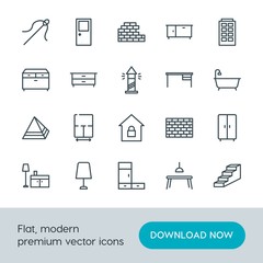 Modern Simple Set of buildings, furniture, housekeeping Vector outline Icons. Contains such Icons as  building,  house, entrance,  interior and more on white background. Fully Editable. Pixel Perfect.