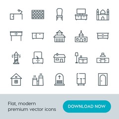 Modern Simple Set of buildings, furniture, housekeeping Vector outline Icons. Contains such Icons as construction,  structure,  graveyard and more on white background. Fully Editable. Pixel Perfect.