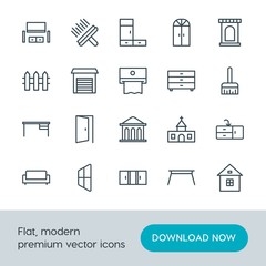 Modern Simple Set of buildings, furniture, housekeeping Vector outline Icons. Contains such Icons as  wash, castle, window,  cinema,  home and more on white background. Fully Editable. Pixel Perfect.