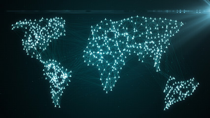 Connecting people on the internet, nodes transforming into the shape of a world map, social network...
