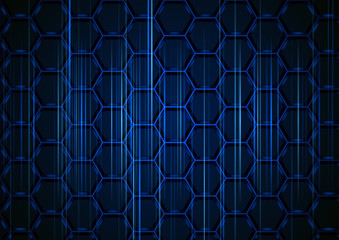 Fototapeta premium Blue Hexagonal Structure with Light Stripes on Dark Background - Abstract Illustration with 3D Effect, Vector