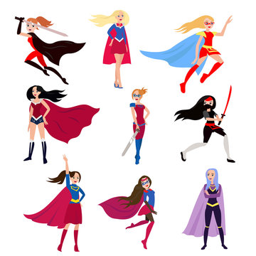 The girl is dressed in the clothes of various super heroes