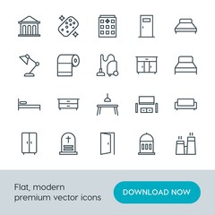Modern Simple Set of buildings, furniture, housekeeping Vector outline Icons. Contains such Icons as  wardrobe,  storage,  money,  clean and more on white background. Fully Editable. Pixel Perfect.