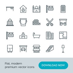 Modern Simple Set of buildings, furniture, housekeeping Vector outline Icons. Contains such Icons as  furniture,  electric,  burn,  car, up and more on white background. Fully Editable. Pixel Perfect.