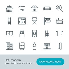Modern Simple Set of buildings, furniture, housekeeping Vector outline Icons. Contains such Icons as cotton,  chair,  seat,  laundry, plan and more on white background. Fully Editable. Pixel Perfect.