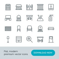 Modern Simple Set of buildings, furniture, housekeeping Vector outline Icons. Contains such Icons as  exterior,  light,  couch,  sign, pump and more on white background. Fully Editable. Pixel Perfect.