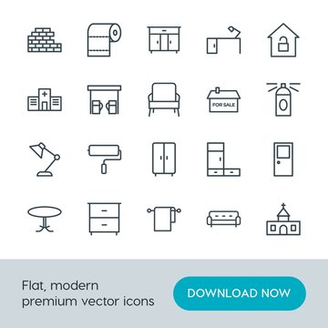 Modern Simple Set of buildings, furniture, housekeeping Vector outline Icons. Contains such Icons as drawer,  soft,  conference,  textile and more on white background. Fully Editable. Pixel Perfect.