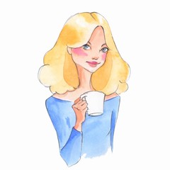 Pretty girl holding a cup of tee. Watercolor cartoon illustration