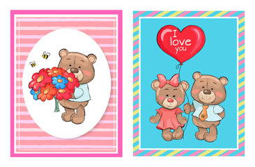 Teddy Bears with Bouquet Flowers Cartoon Balloon