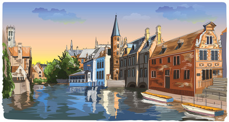 Obraz premium Kolorowy widok na kanał wodny Rozenhoedkaai w Brugii, Belgia, Europa.