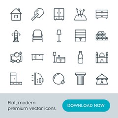 Modern Simple Set of buildings, furniture, housekeeping Vector outline Icons. Contains such Icons as  classical,  retro,  heat,  show,  pin and more on white background. Fully Editable. Pixel Perfect.