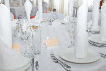 Table set for wedding or another catered event dinner.