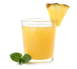 Glass with delicious pineapple juice on white background